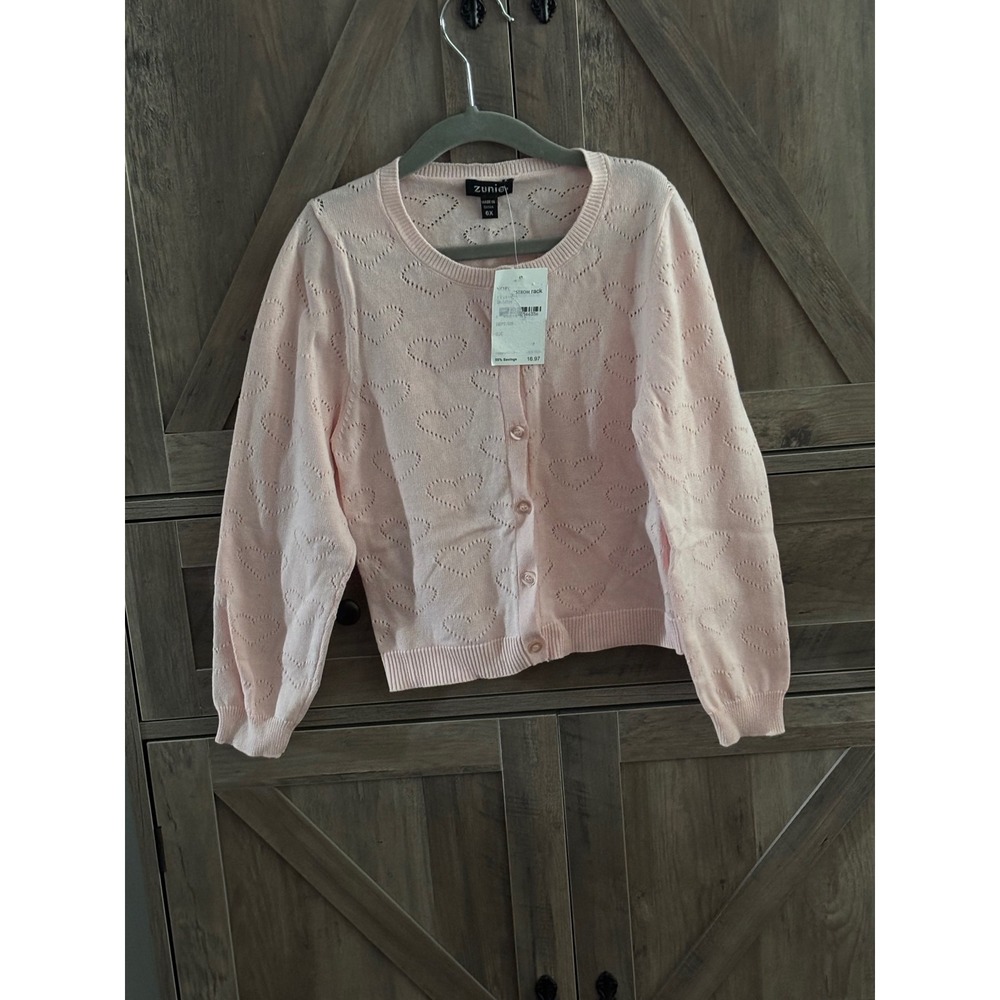 Zunie Girls Blush Pink Pointelle Heart Knit Cardigan Sweater Size 6X NWT